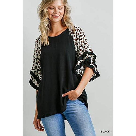 Umgee Shirt Womens Small Black Leopard Print Bell Sleeve Layered Oversized Tunic - Picture 7 of 7